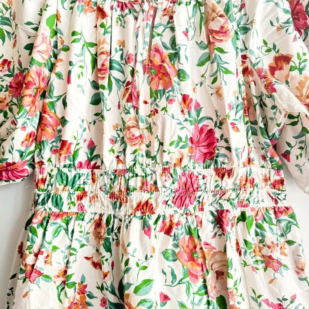 Anthropologie White Floral Puff-Sleeve Maxi Dress with Pink & Green Print - Picture 5 of 8